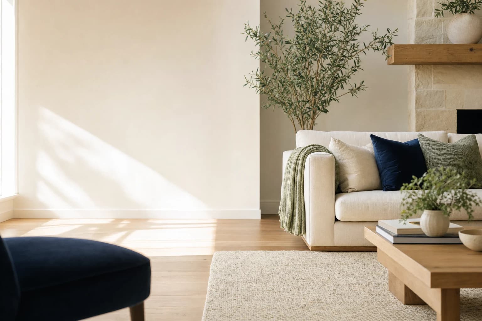 A quiet living room ready to welcome people home